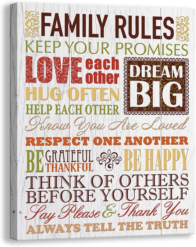 Kas Home Inspirational Motto Canvas Wall Art,Family Prints Signs Framed, Retro Artwork Decoration for Bedroom, Living Room, Home Wall Decor (12 x 15 inch, Rules - B)