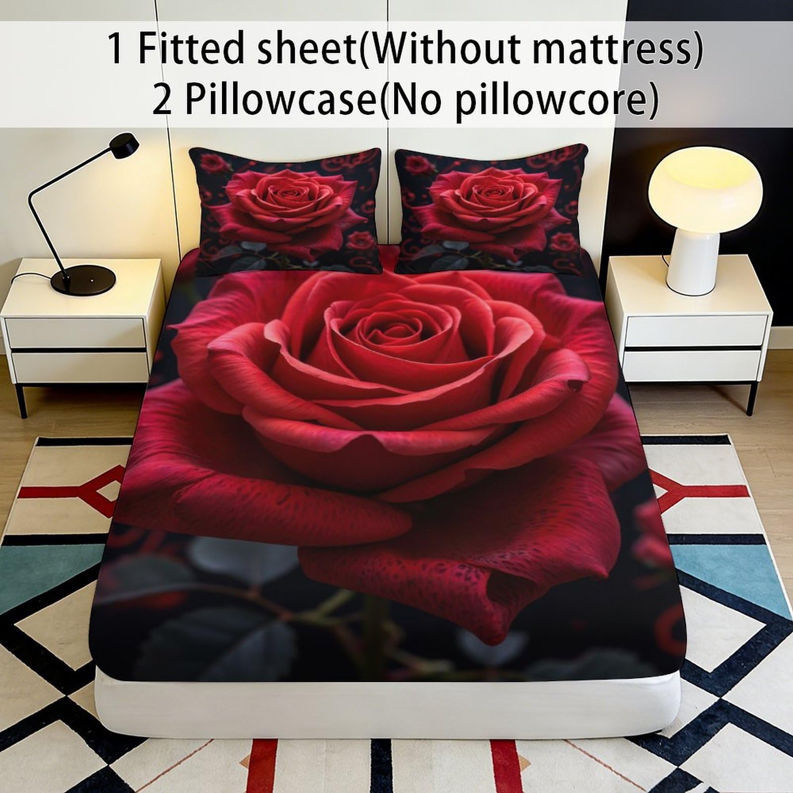 Lenzuolo con angoli con stampa 3D di rose, in microfibra, antiscivolo, decorazione per la casa | morbido, protezione per materasso, facile da pulire, per tutto l'anno, traspirante, lavabile, 160 x 200 x 25 cm