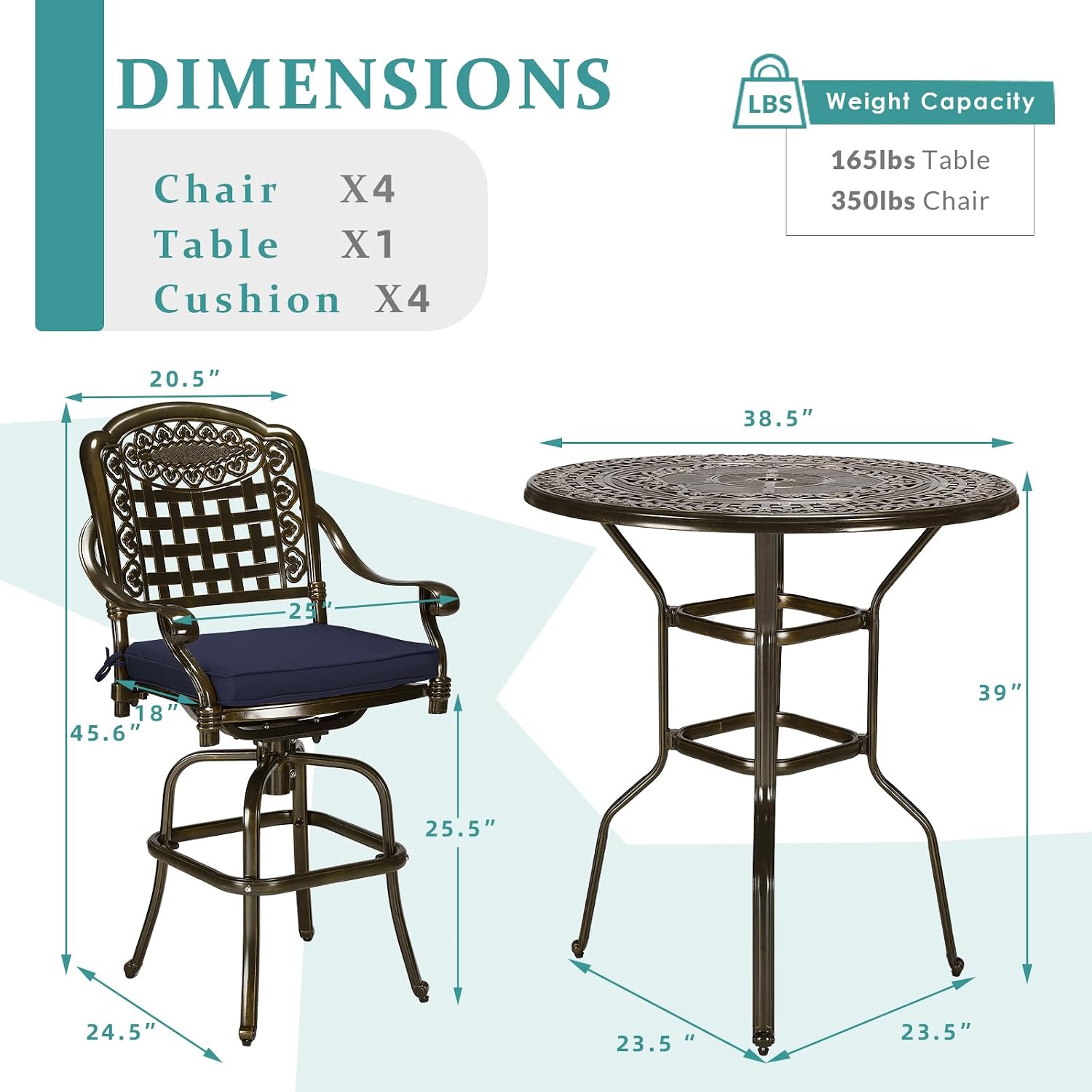 MEETWARM 5-Piece Patio Swivel Bar Stools Set, All Weather Cast Aluminum Outdoor Bar Height Bistro Set with 4 Cushioned Bar Chairs & 38.5" High Bar Table with Umbrella Hole for Backyard, Lawn, Garden