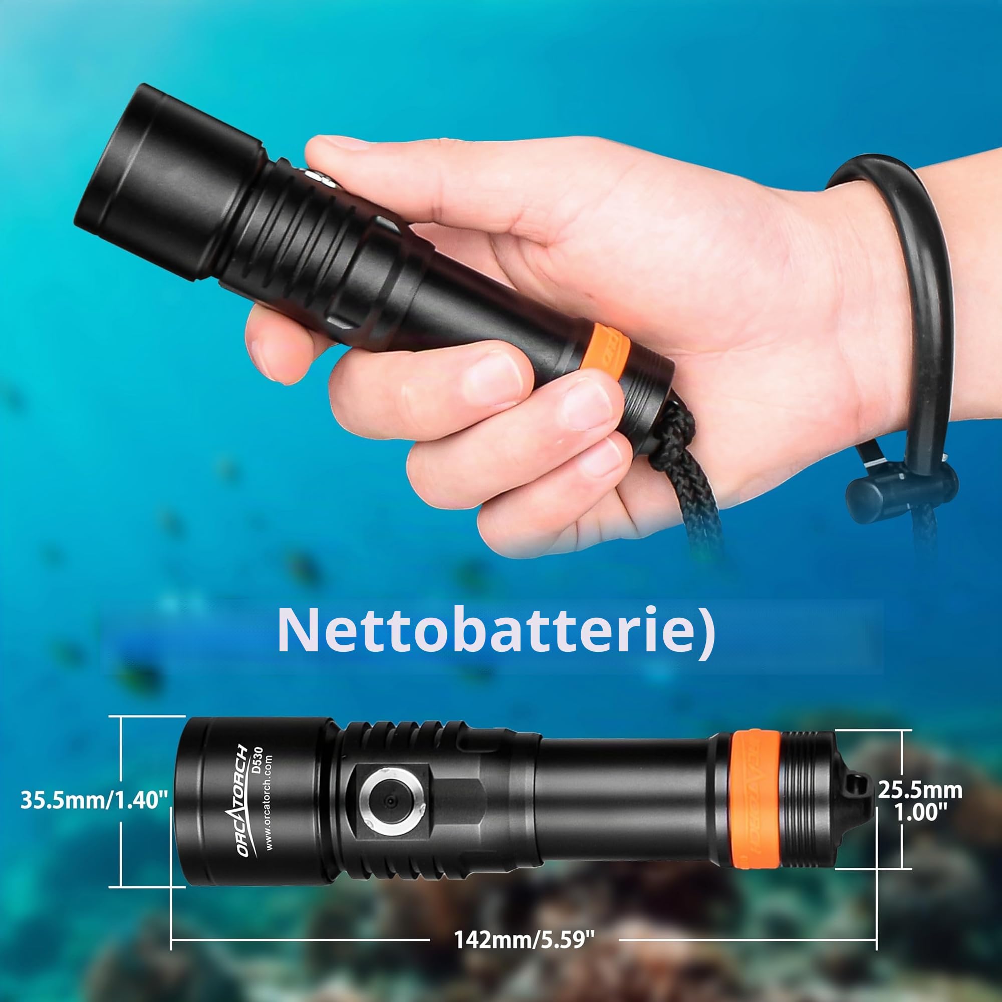 ORCATORCH D530 Tauchlampe 1500 Lumen, 7° Schmaler Punktstrahl, LED Unterwasser Taschenlampe mit Ladestandsanzeige für Nacht-, Höhlen- & Wracktauchen, 150m Wasserdicht Profi Tauchausrüstung