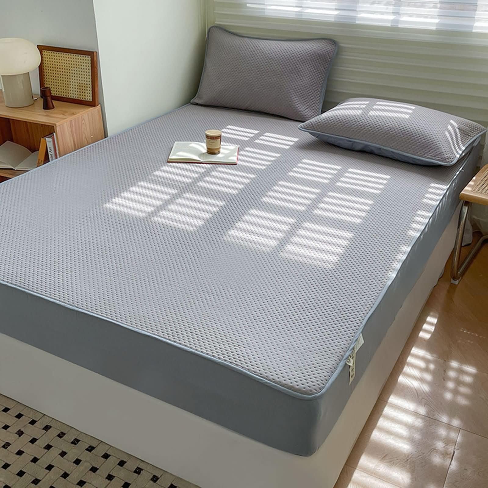 Drap-housse pour surmatelas 150x200 cm gris avec taies d'oreiller