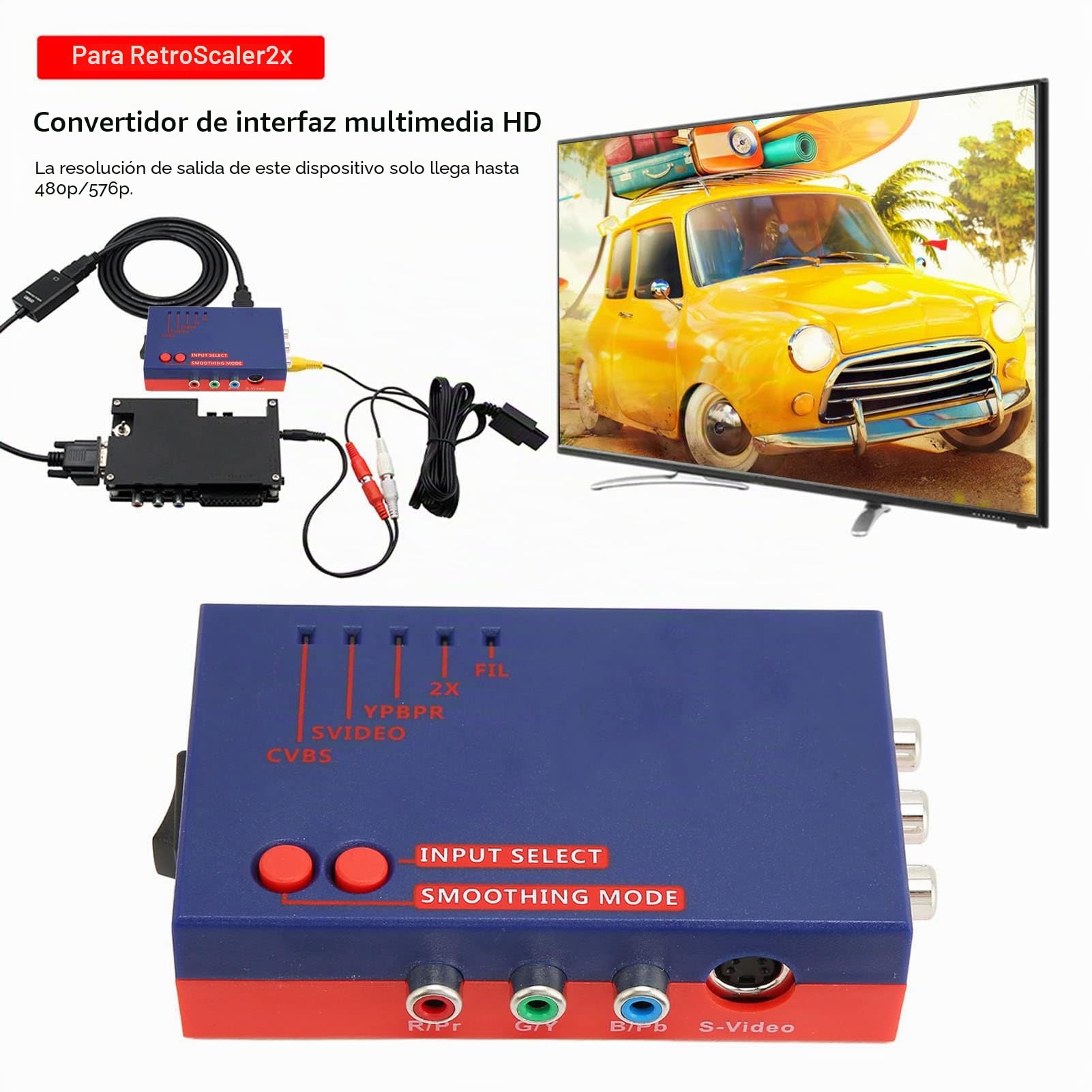 Adaptador AV a HDMI para Convertidor RetroScaler2x, Adaptador Retro de Juegos a TV 480P para Vic20, Msx, N64, SFC, SuperFamicom, PIAYSATION2, MD1, MD2, Dreamcast, C64