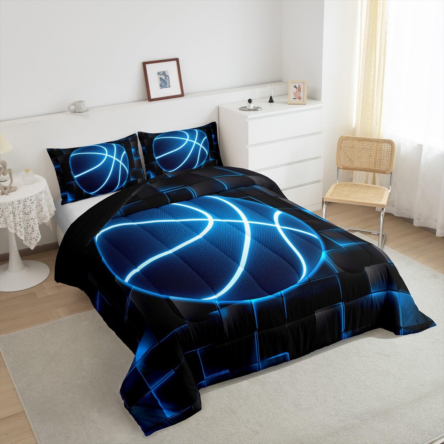 Feelyou Basketball Comforter Set Full Size Kids Gaming Sports Comforter for Boys Teens Blue and Black Bedding Set Geometric Honeycomb Duvet Set Room Decor Quilt Set - Image 4
