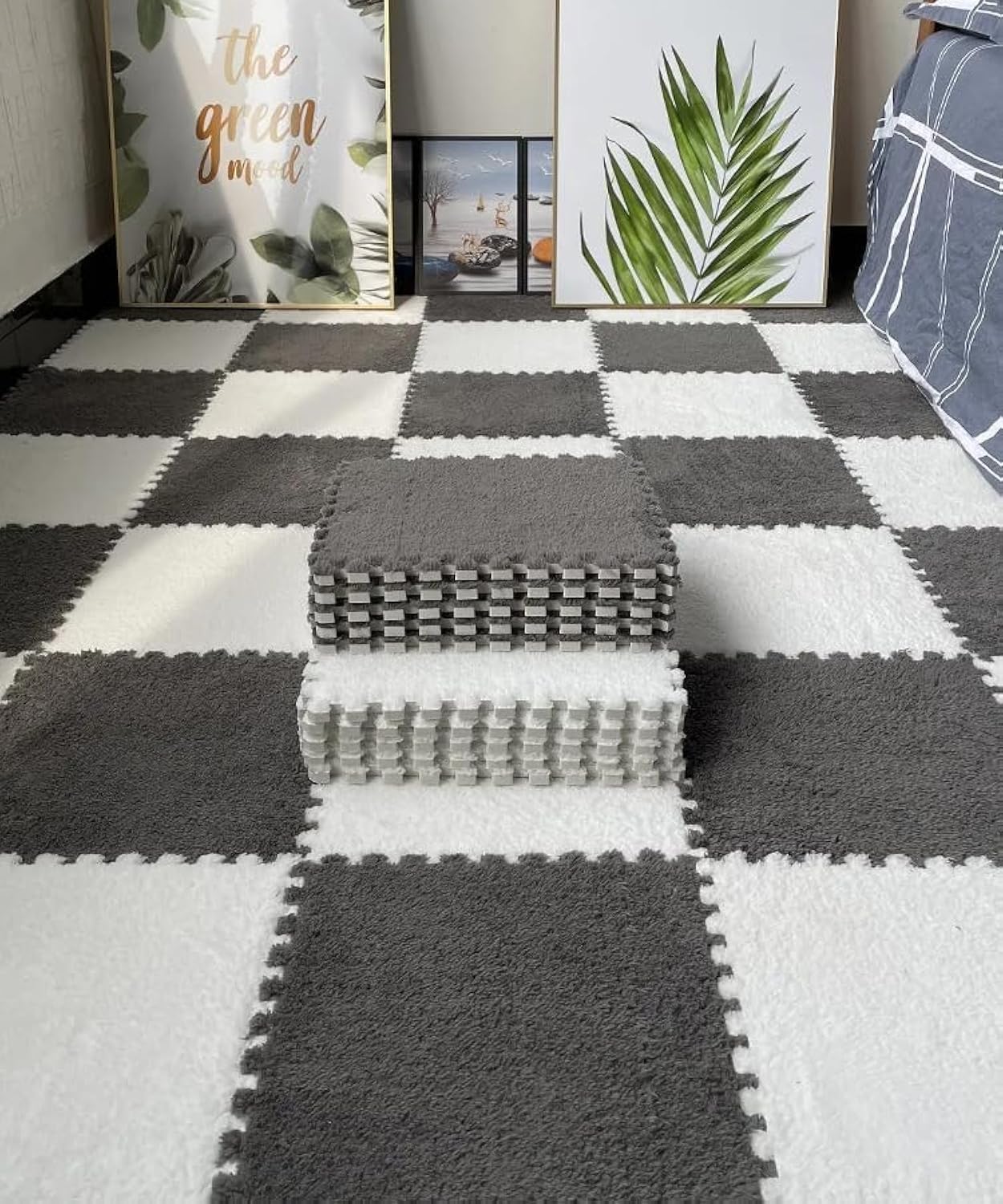 Generic 12 Pcs Interlocking Foam Mat Floor Tiles - Ultimate Comfort EVA Foam Padding,Fluffy Protective Floor Tiles for Exercising, Yoga, Home,Camping, Playroom (6 pcs OffWhite + 6pcs Gray), XEMT-02-12