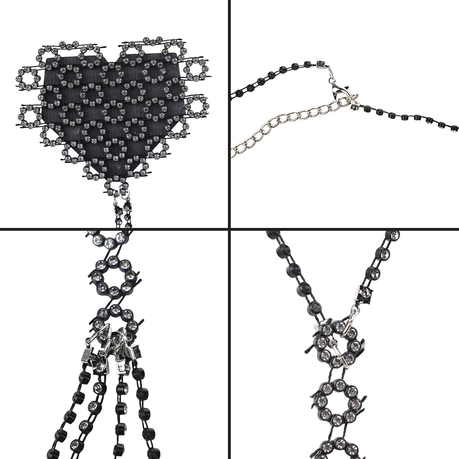 Women Rhinestone Heart Shape Nipple Covers, Reusable Self Adhesive Breast Petals with Body Chain Sexy Pasties Chest Lingerie Accessory for Nightclub Party Music Festival Silver image 2