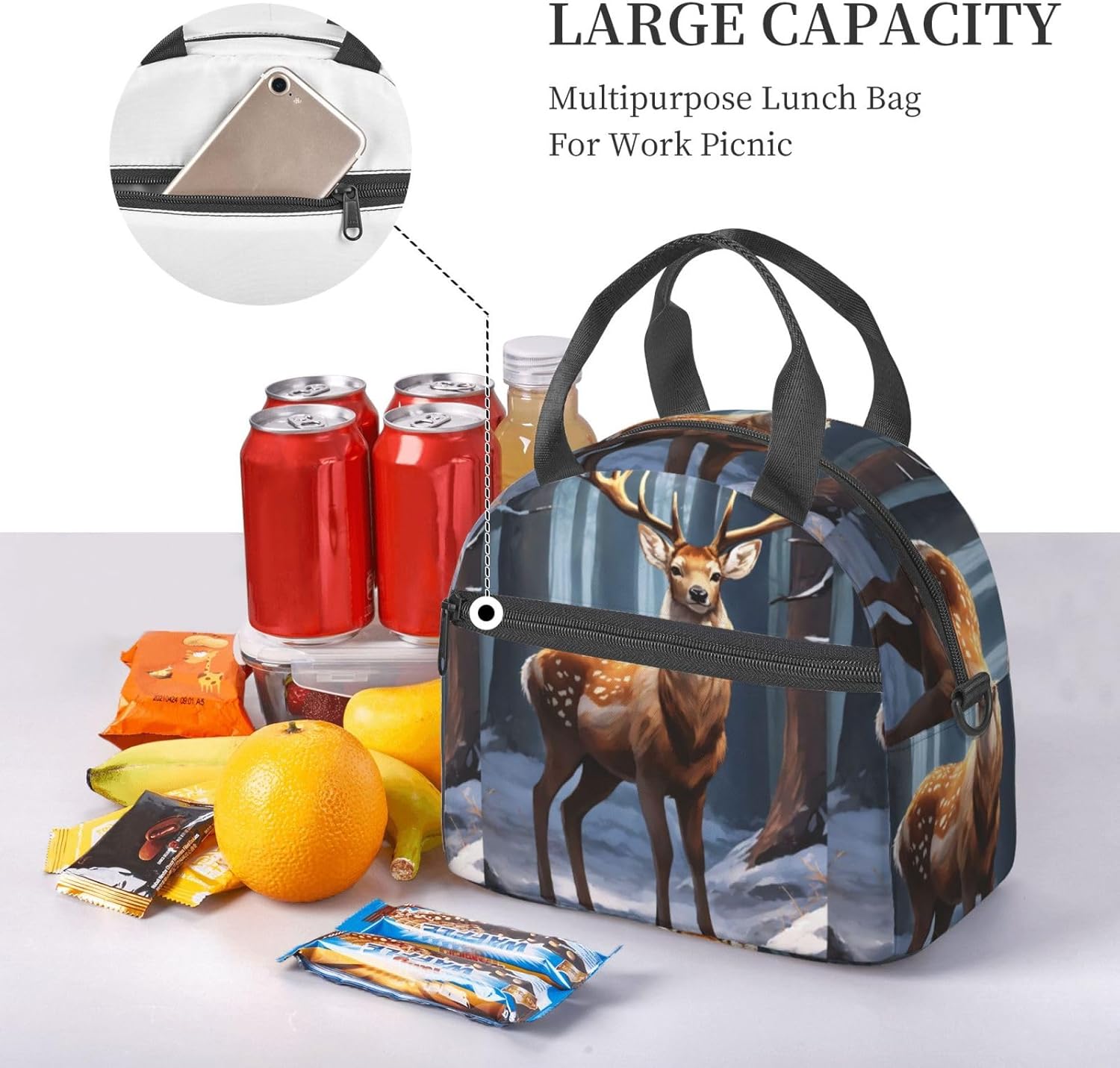 deer Print Reusable Lunch Bag Insulated Lunch Boxes for Office Work Picnic Tote Bag Adjustable