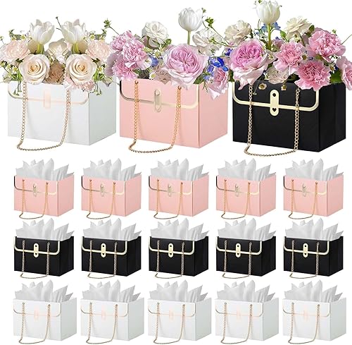 LIJINGCHEN Caja de regalo de papel de flores de 15 piezas, cubo de almacenamiento de ramo de flores con cadena de metal, bolsa de flores para boda,