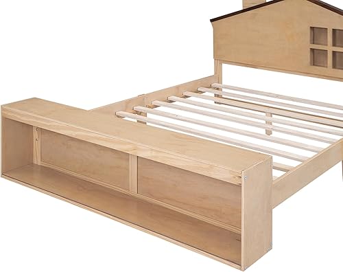 Miniatura 36 de Cama de plataforma de madera de tamaño individual con cabecera en forma de casa, soporte de listones de madera, para dormitorio de niños, niñas,