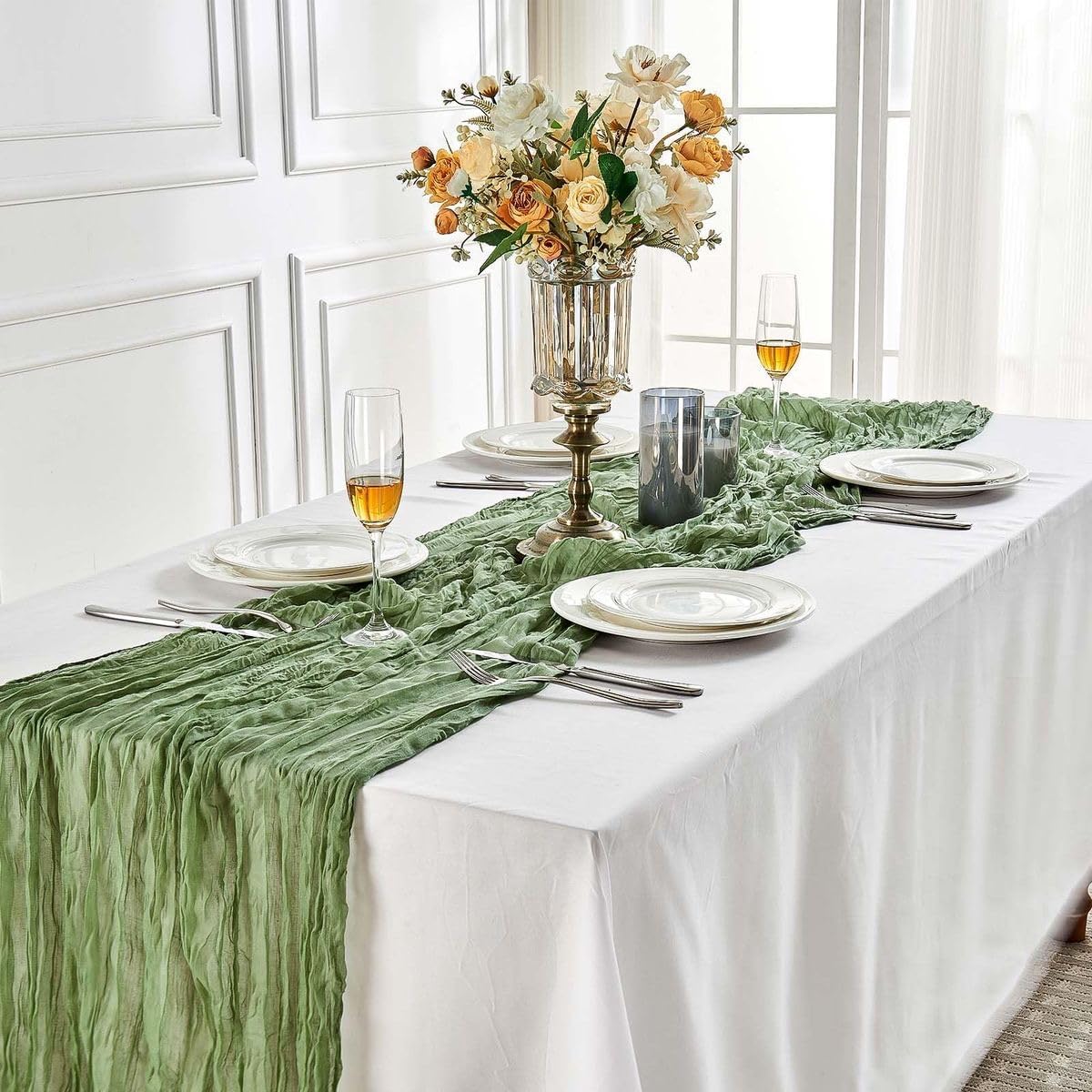 20 Pack Sage Green Cheesecloth Table Runner 10FT Boho Gauze Fabric Cheese Cloth Table Runners for Wedding ,Party,Baby Shower, Bridal Party, Rustic Farmhouse and Table Decorations
