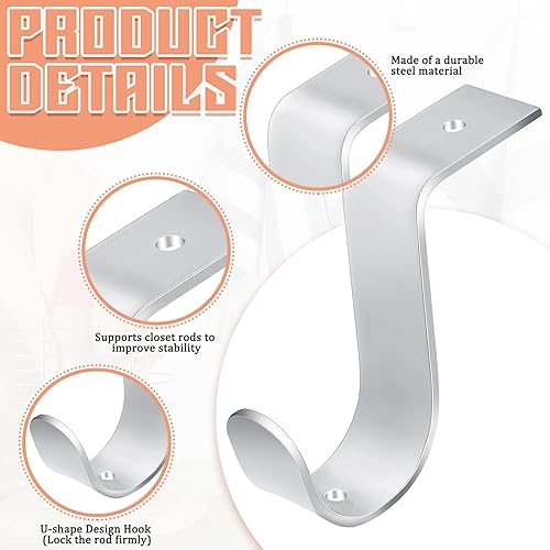 Vista 10 de Hicarer 2 soportes de barra de armario de metal resistente para montaje en pared con tornillos, soporte de poste de armario para sala de estar