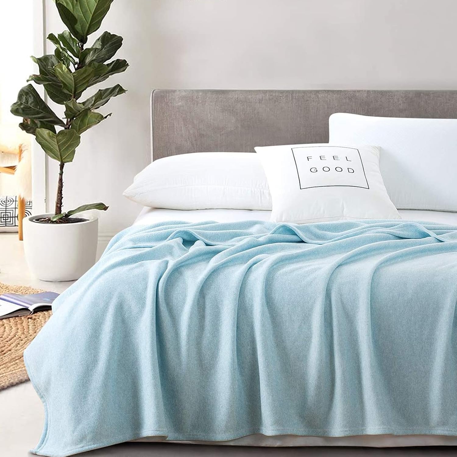 GONAAP Knit Throw Blanket Heather Jersey Thin Lightweight Breathable Blanket for Bed Sofa Couch Cover (Blue, Throw(50"x60"))