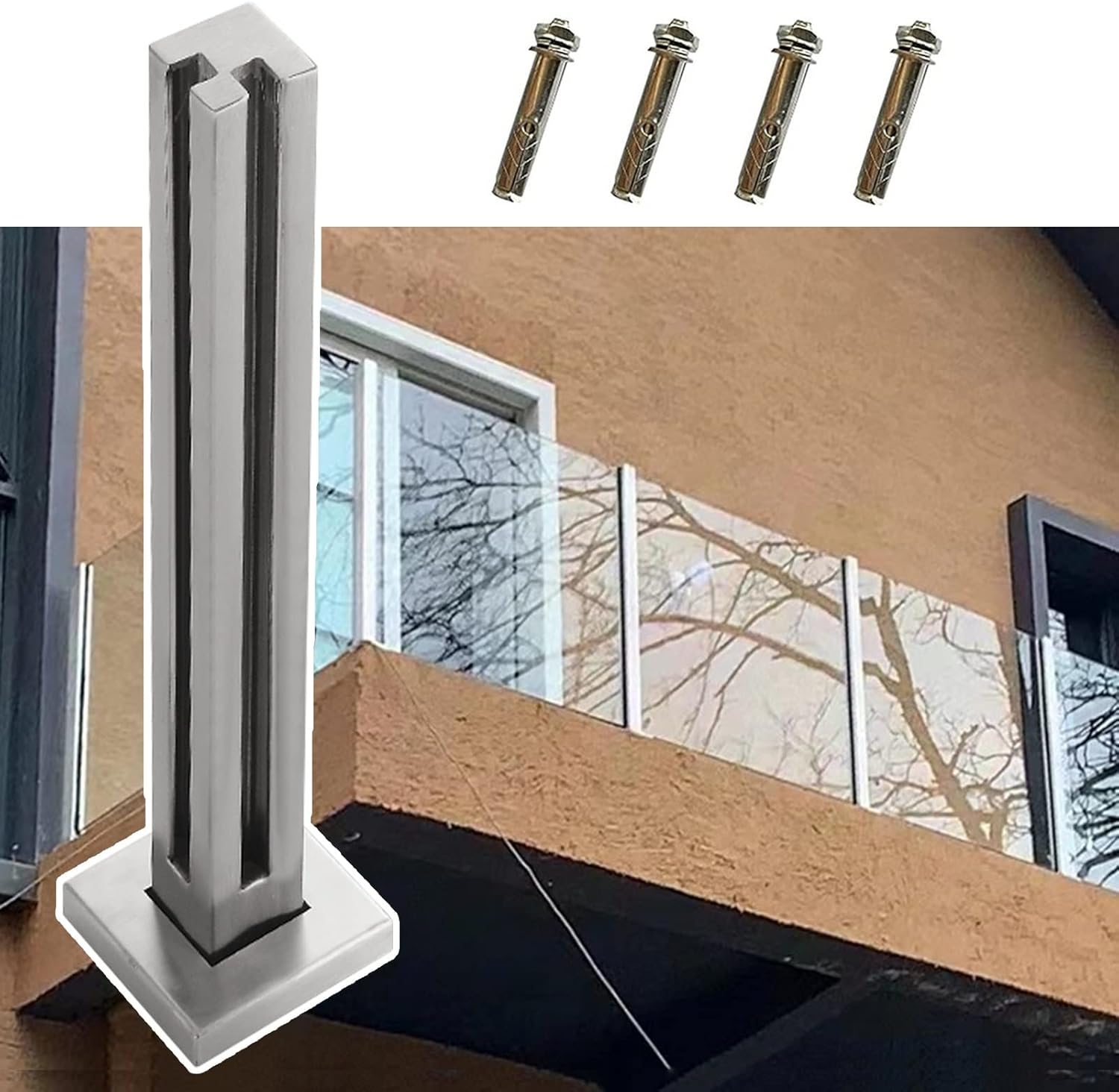 ZIMGOD Glass Balustrade Balcony Glass Railing System Post, Square Glass Balustrade Kit with