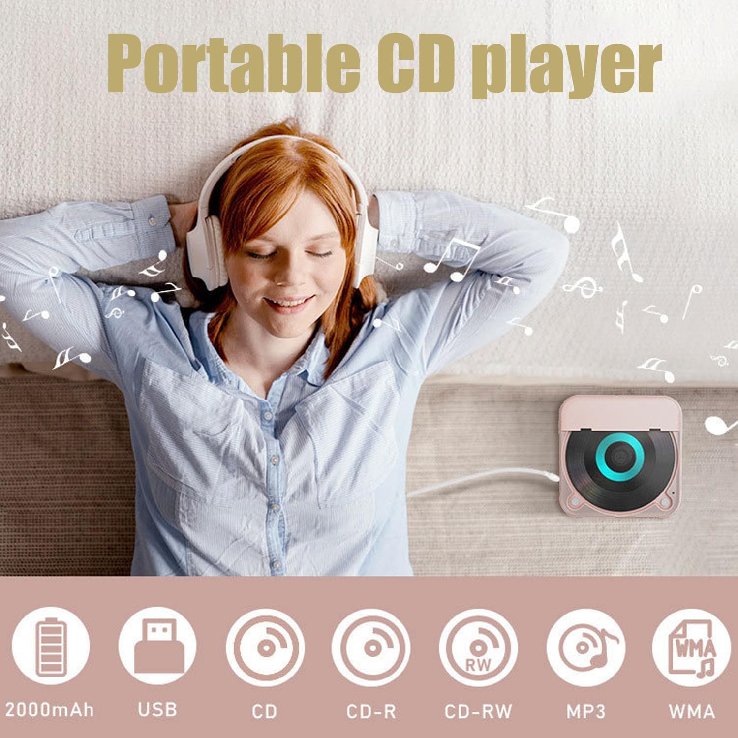 Lettore CD portatile con Bluetooth, suono Hi-Fi, lettore musicale compatto ricaricabile per viaggi e casa
