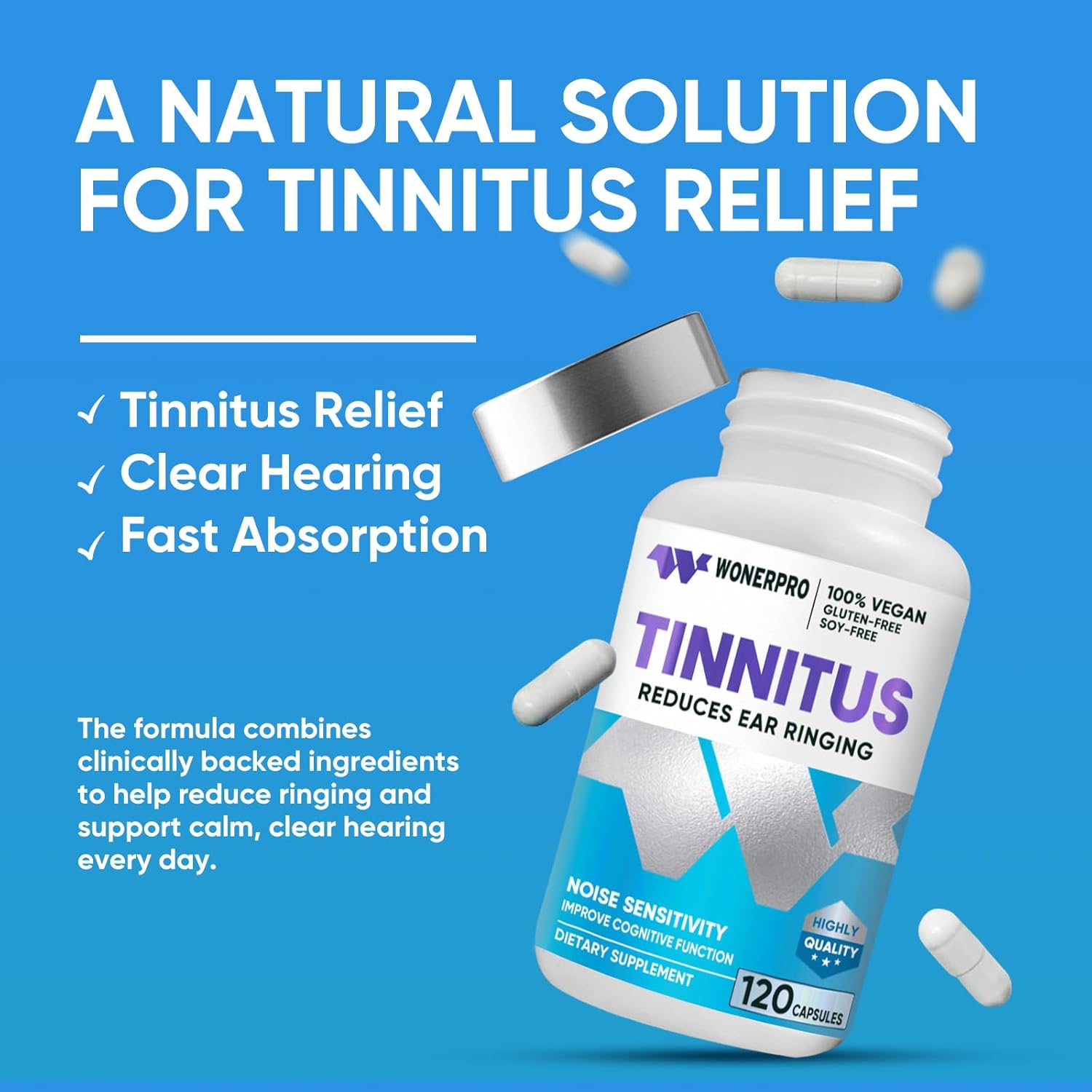 Tinnitus Relief for Ringing Ears - Supports Ear Health, Reduces Ringing in Ears for Men & Women, 120 Capsules