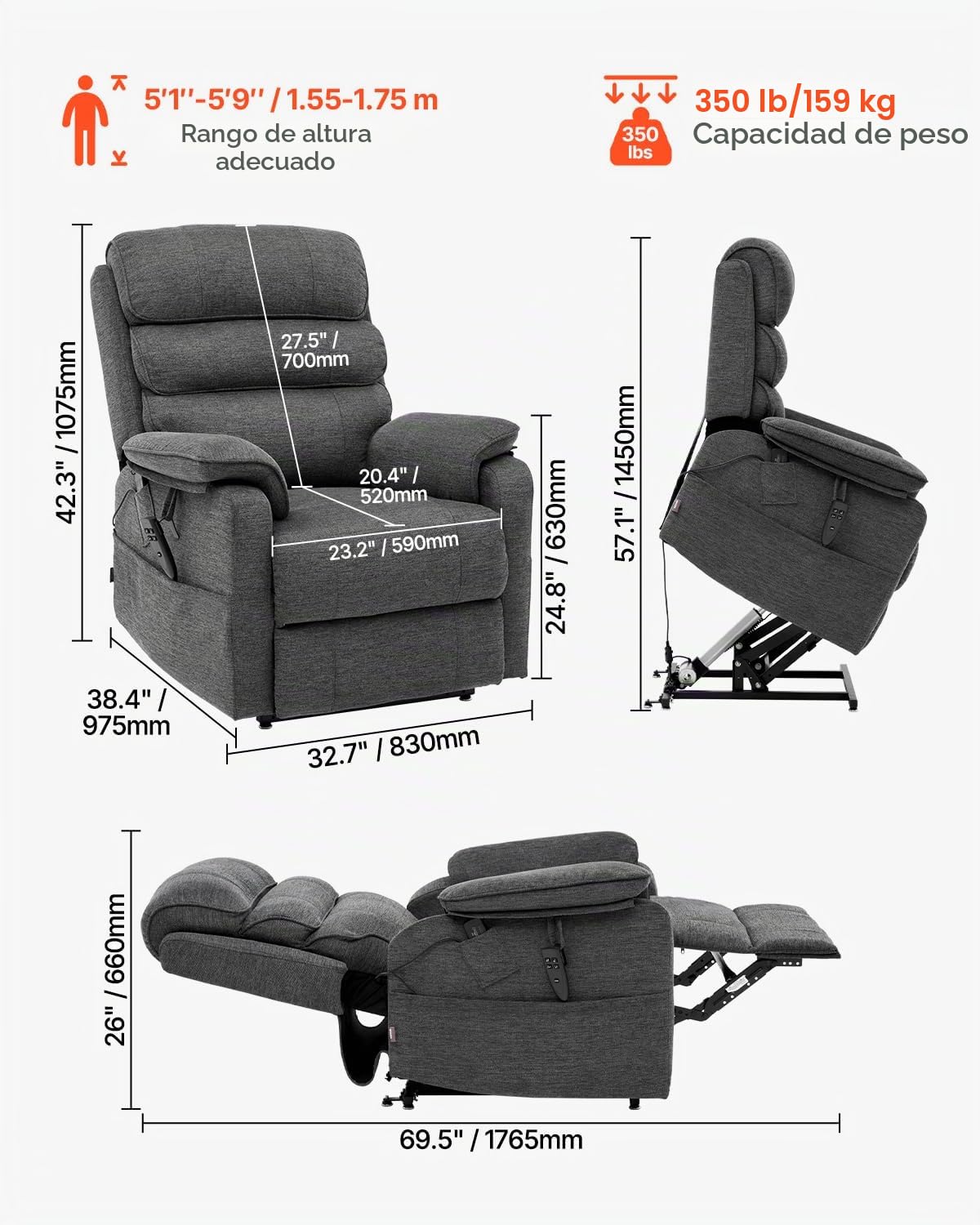 VEVOR Sillón Reclinable Eléctrico con Motor Doble y 2 Cuerdas Anticaída, Sillón Elevador con Calefacción y Masaje para Personas Mayores, Ajuste de Posición Infinito, Tamaño Mediano, Gris Oscuro