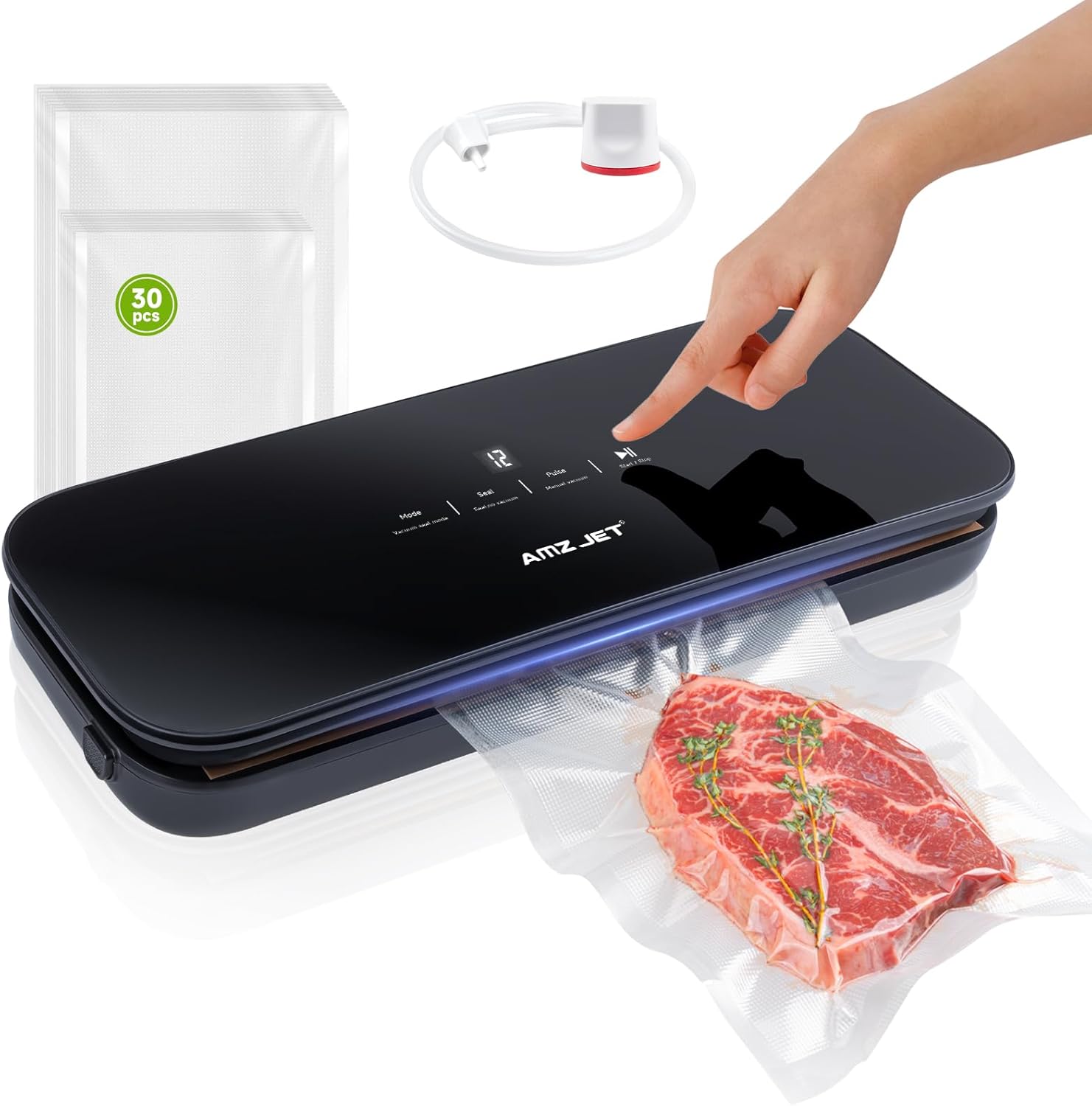 Vacuum Sealer for Food - Tempered Glass Panel, LED Touch Control, Digital Display, Pulse/Moist/Dry/Seal/External Suction Modes, Includes 30 Vacuum Bags & Built-in Cutter(Black) Black(30Bags)