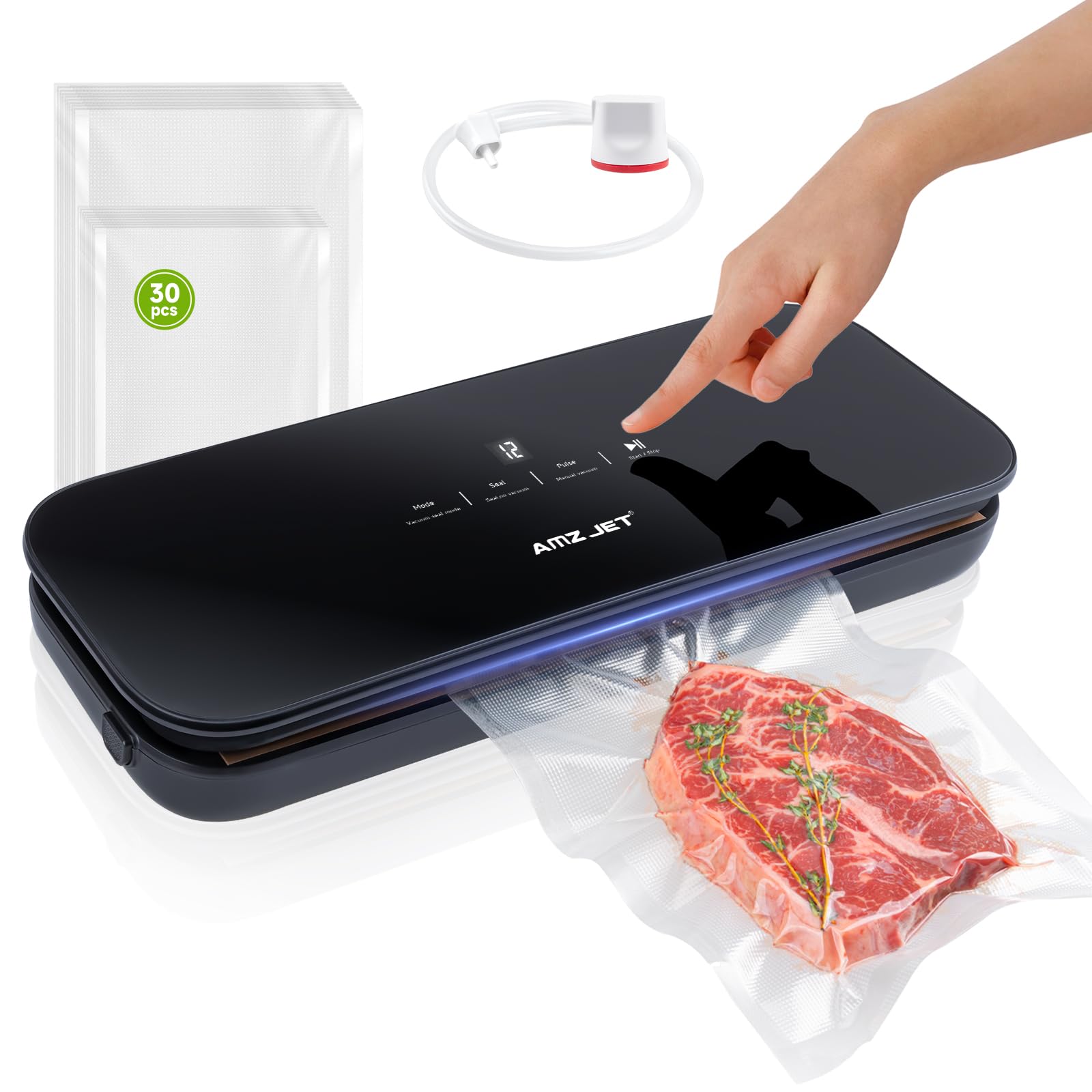 Vacuum Sealer for Food - Tempered Glass Panel, LED Touch Control, Digital Display, Pulse/Moist/Dry/Seal/External Suction Modes, Includes 30 Vacuum Bags & Built-in Cutter(Black)