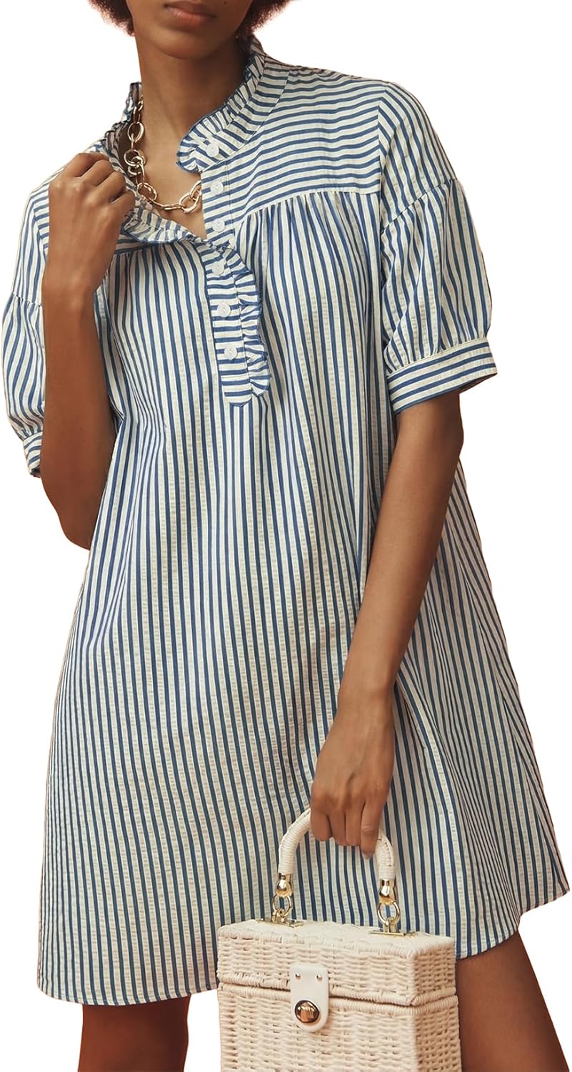 BLENCOT Womens Button Down Shirt Dresses Casual Striped Cotton Stand Collar Ruffle Puff Sleeve Summer Mini Dress