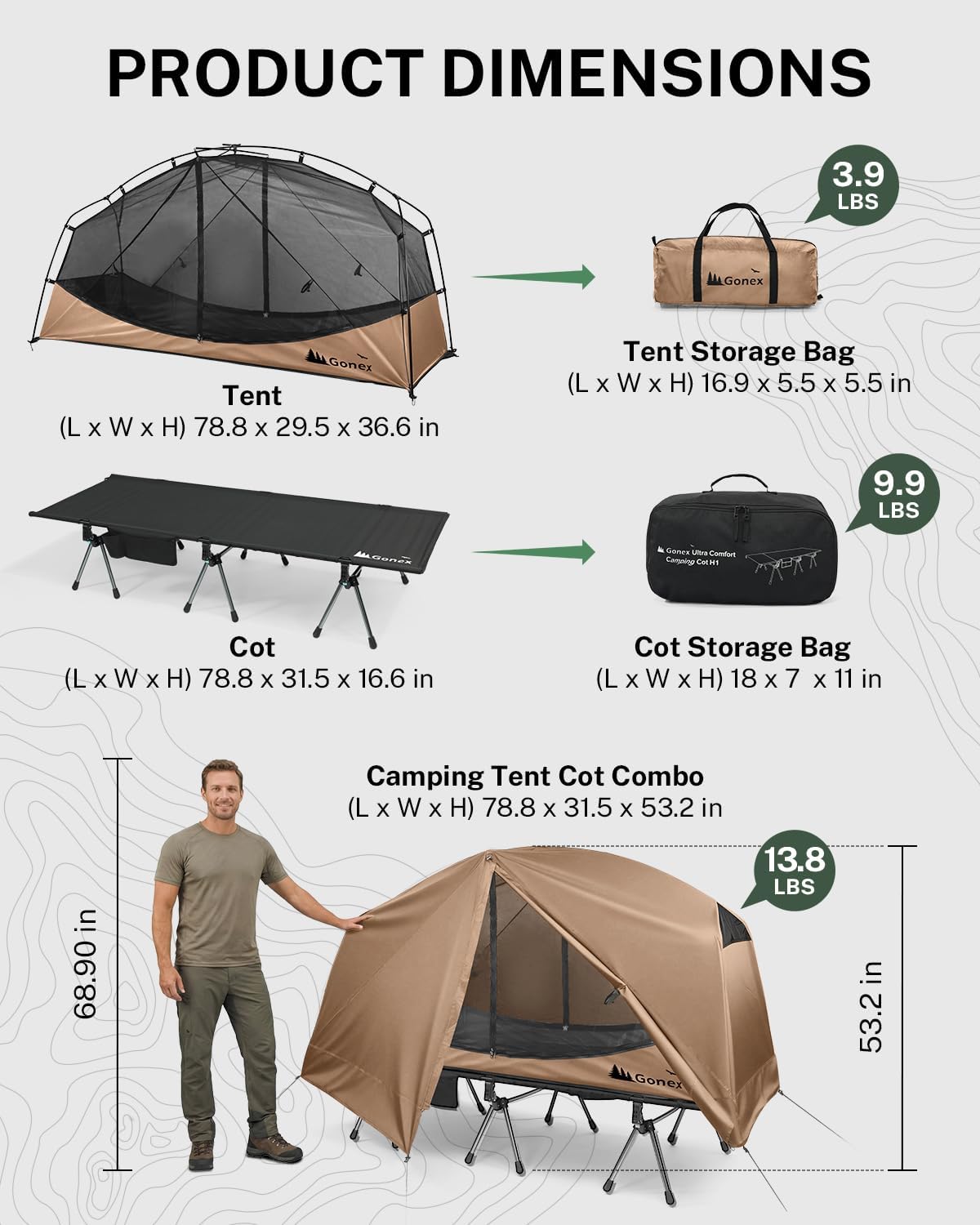 Gonex Camping Tent Cot for Adults, 1-Person Off-Ground Folding Portable Easy Set-up Tent Cot Combo Supports 350lbs for Hiking, Backpacking, Car & Motorcycle Camping(31.5" W X 78.7" L)-Khaki