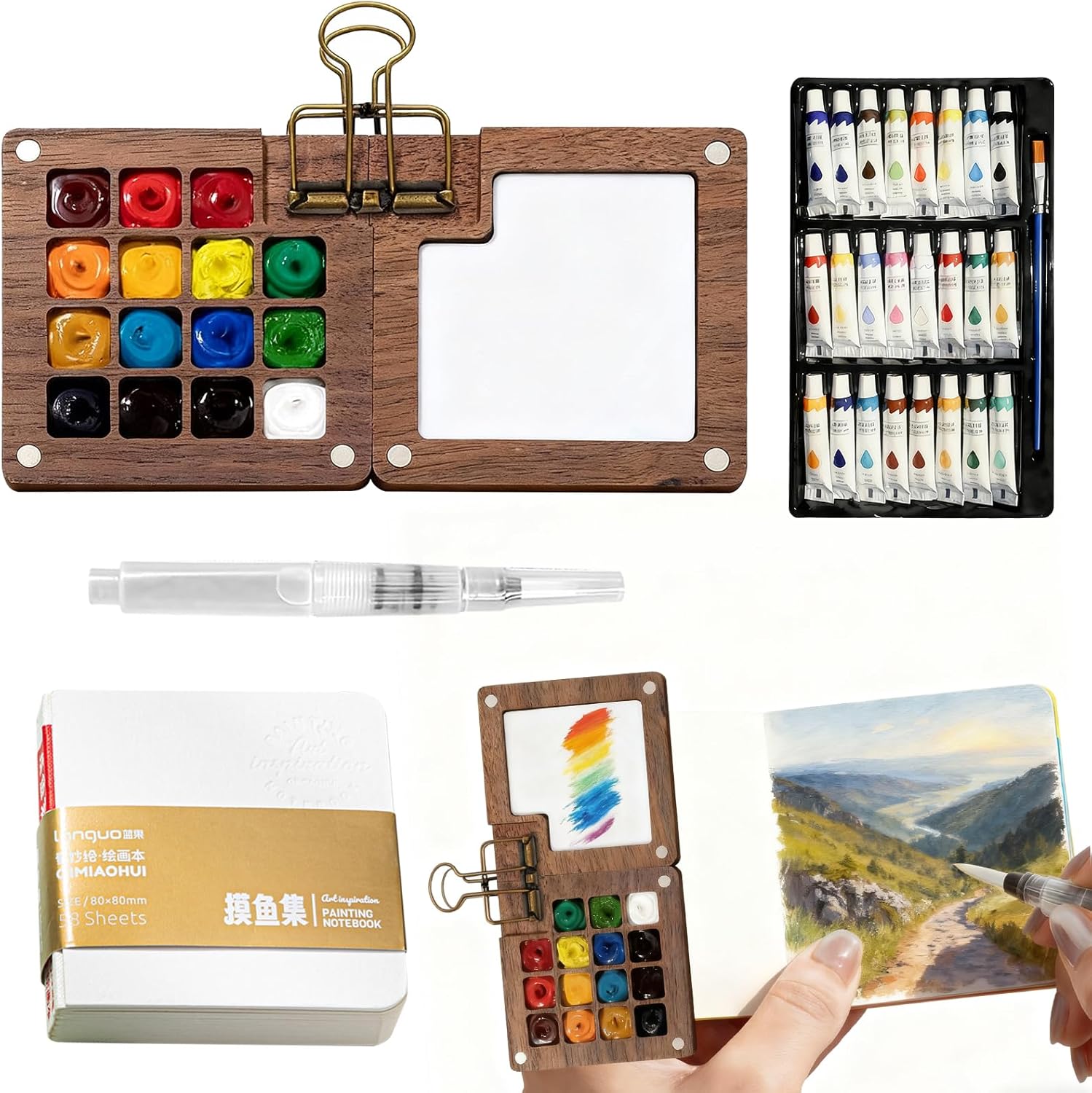 Mini Watercolor Travel Set - Professional Pocket Watercolor Palette with Vibrant Colors, Includes Wooden Palette, Sketchbook & Pen, Portable Art Supplies for Adult Artists & Travel Journaling