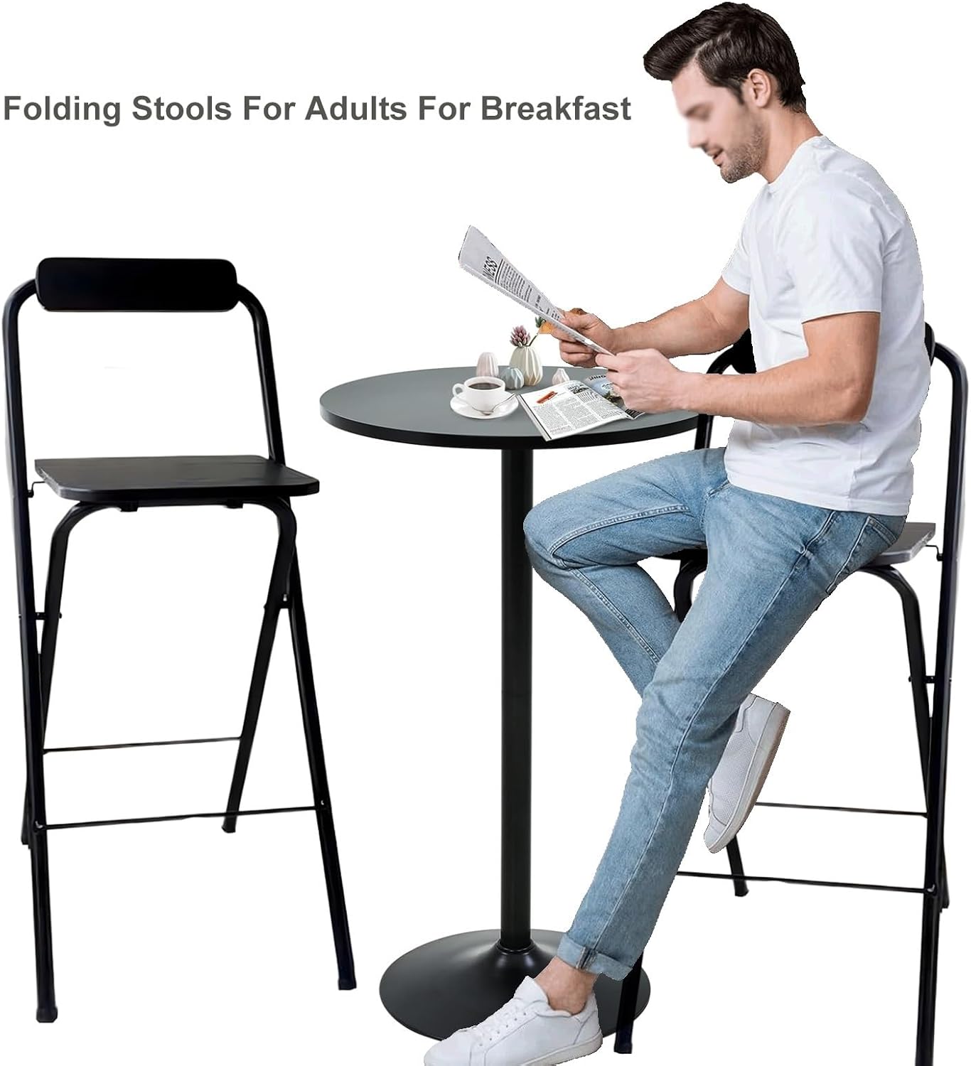 Folding Stool with Backrest, 60/65/70cm Height Foldable Stool, High Chair Wooden Mat, Indoor Tall for, Restaurant, Kitchen (Color : Black 2pcs Size 60cm/24 (Black 1pc 70cm/28in)