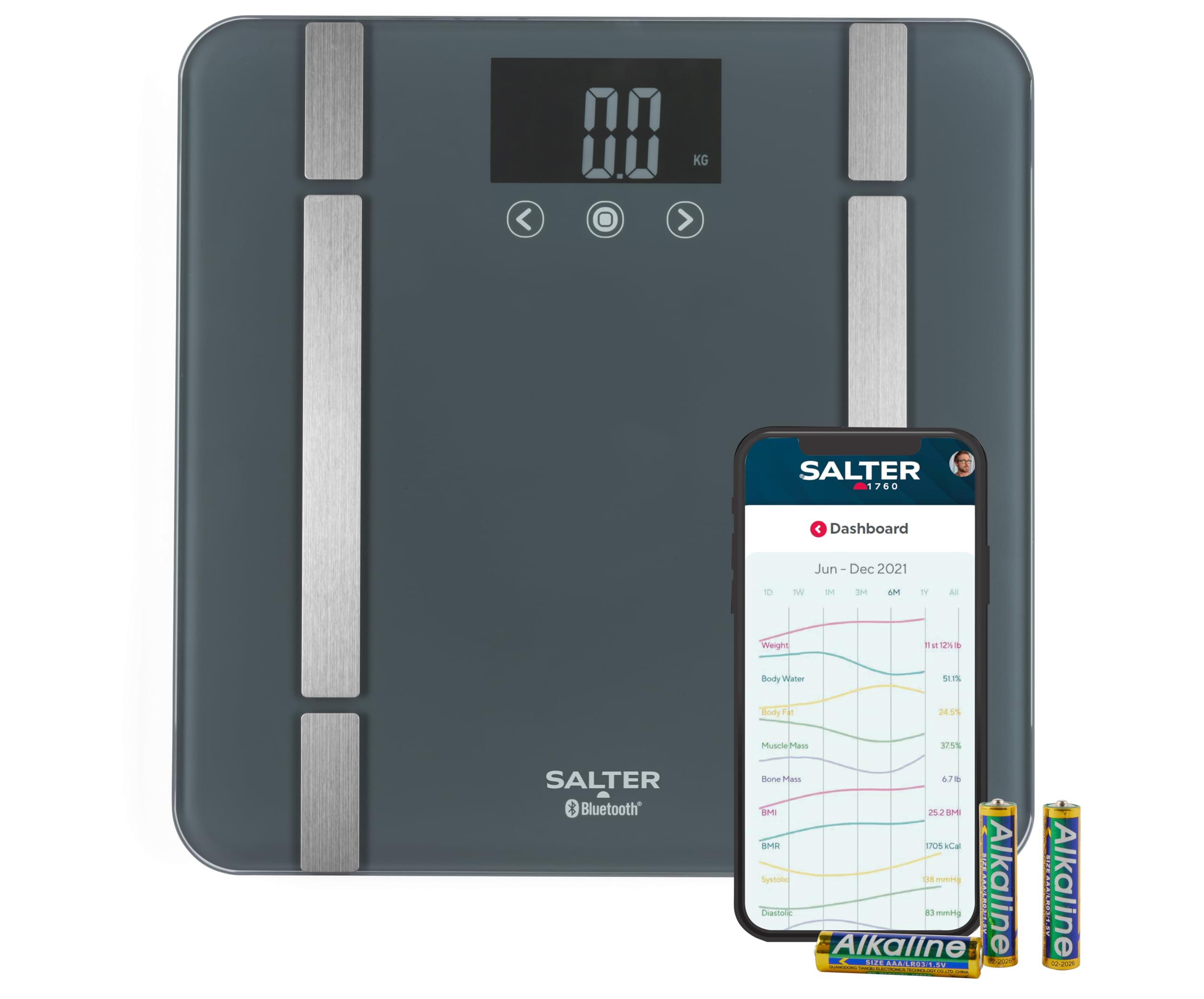 SA00432GFEU6 Bathroom Smart Scale – Bluetooth Digital Scale, 200kg, Measure Weight, Body Fat/Water, Muscle/Bone Mass, BMI/BMR, 8 User Memory, Connect to Phone with Free Salter Health App, Grey