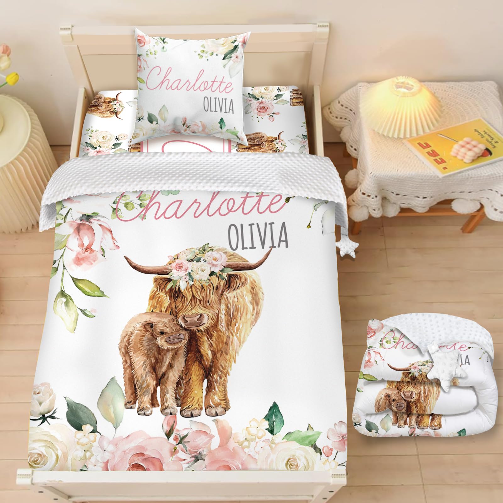 Dyoart Custom Baby Quilt Blanket - Personalized Name with Cow Design - Safe & Breathable Double Layer Dotted Backing Comforter for Toddlers (40x60inch)