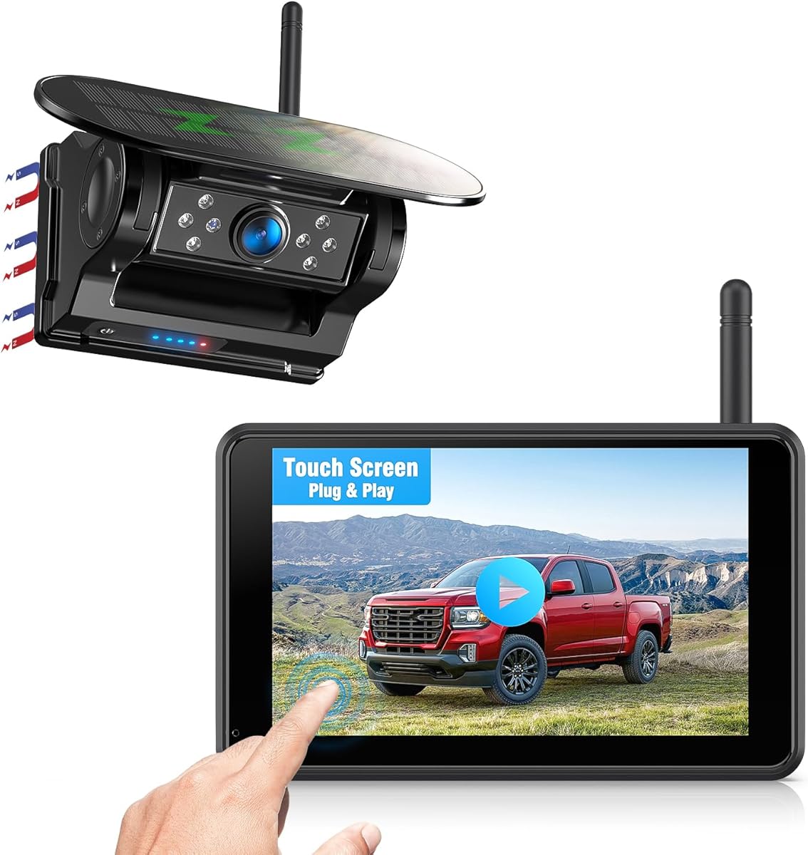 Magnetisch Solar Rückfahrkamera Kabellos mit 5" 1080P Monitor: 9600mAh Akku 1 Mins DIY Installation, IP69K Wasserdicht Rückfahrkameras für Auto, LKW, Van