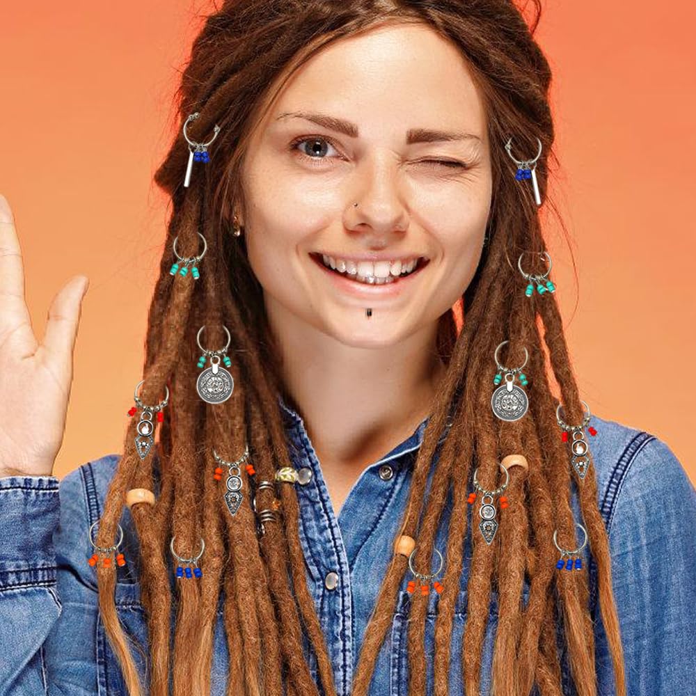 Ouliget Boho Silver Tribal Braid Rings,African Braid Decorations Circle Hair Jewelry Set,Charms Vintage Metal Hairs Charms for Women's Hairstyles Dreadlocks (Color 14 pieces) image 4