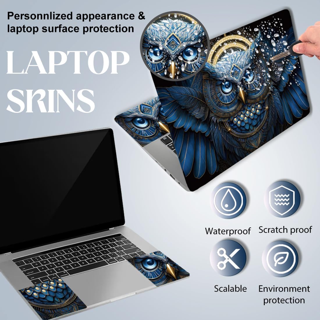 SUPERDANT Laptop Skin Sticker Blue Owl Laptop Decals Personalized Universal Notebook Computer Wrap Vinyl Skin Stickers Cover Art Decal Removable 12-15.6 Inch Waterproof Scratch-Resistant Gifts image 3