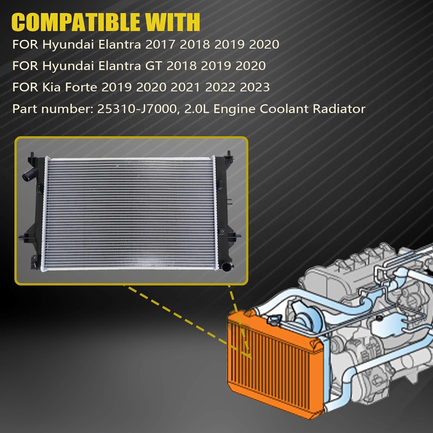 SecosAutoparts 2.0L Engine Coolant Radiator Aluminum Fit for Kia Forte Sedan 2019-2023 Fit for Hyundai Elantra 2017-2020 & Elantra GT 2018-2020 Replace# 25310J7000 KI3010169
