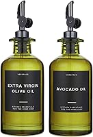 Verspace Green Glass Olive Oil Dispenser Bottles Set of 2 (12oz) with 40 Labels & Silicone Tray - UV-Protecting Kitchen Organizer for Oil, Sauces & More