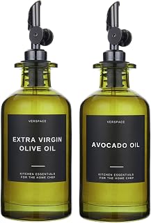 Green Glass Olive Oil Dispenser Bottles For Kitchen, Avocado Oil Dispenser Set, Modern Decor, Gold Kitchen Accessories for Home, Airbnb, Cafe (Black, Set of 2)