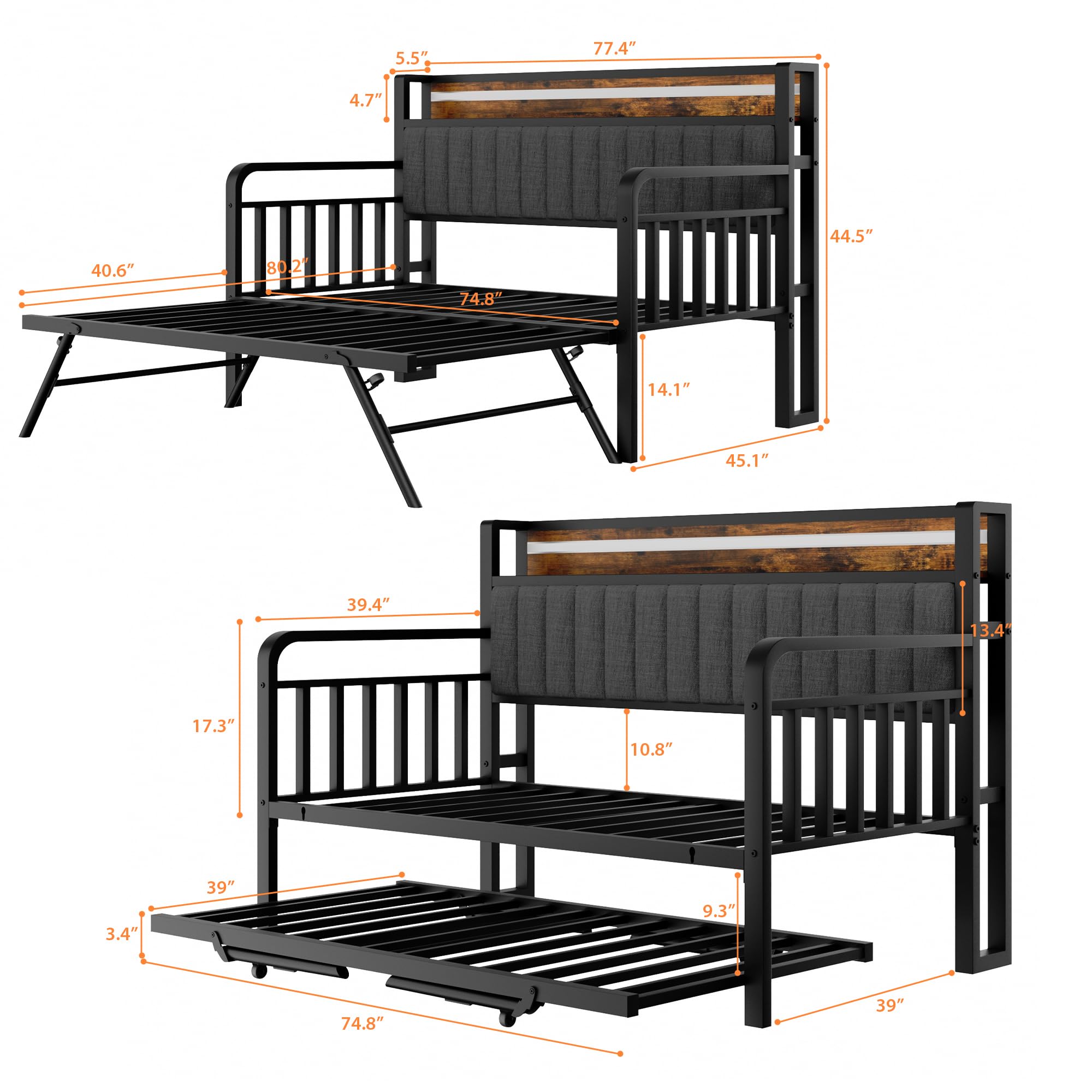 Condition photo showing New/Like New for daybed with trundle and led light, heavy duty metal twin bed frame with upholstered storage headboard & charging station, day bed pop up trundle bed twin for living room,bedroom and guest room (brown)