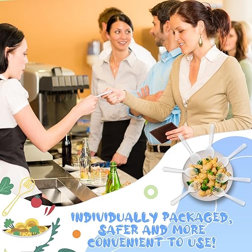 Miniatura 6 de Tioncy 150 tenedores desechables de plástico envueltos individualmente de 4.5 x 1.26 pulgadas, juego de tenedor y cuchara 2 en 1, utensilios