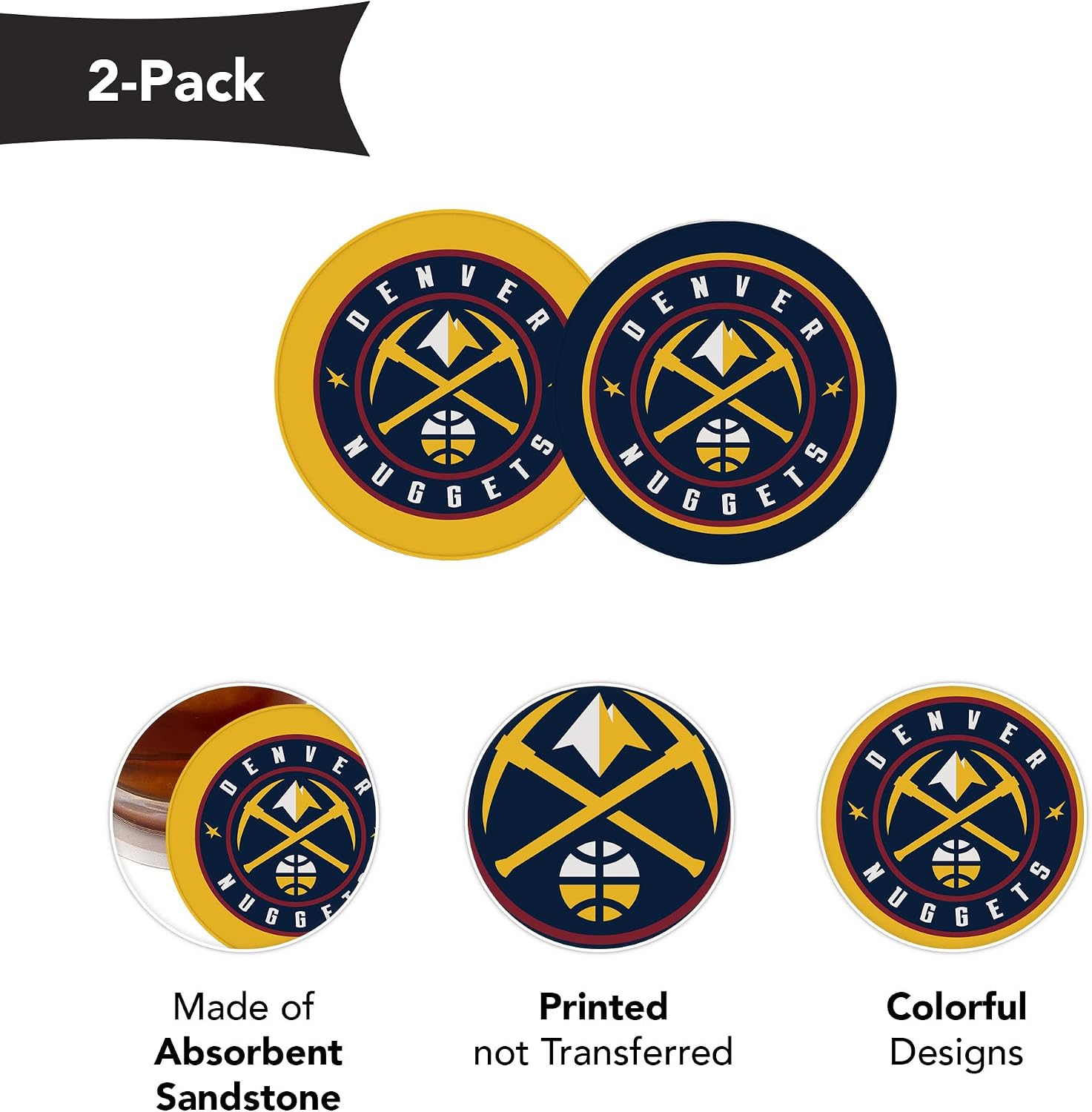 Desert Cactus Denver Nuggets Car Accessories NBA Basketball League Absorbent Sandstone Cup Coasters Licensed Product Set of 2 (Car Coaster A)