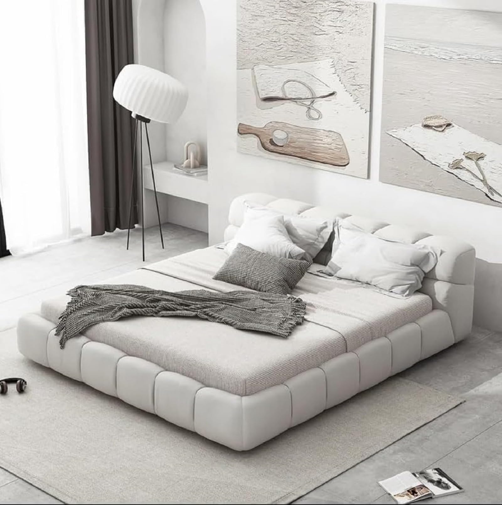 Modern Fabric Upholstered Bed Frame – Queen/King Size with Grey Square Headboard (No Mattress (White, 140x200cm)