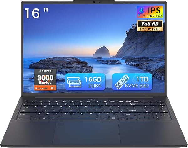 16 Inch Laptop 16GB RAM 1TB NVMe SSD Quad-Core Processor Up to 3.7GHz 1200P IPS Display USB-C Full Function Fingerprint Login Backlit Keyboard WiFi 6 Lightweight Black Laptop - 1
