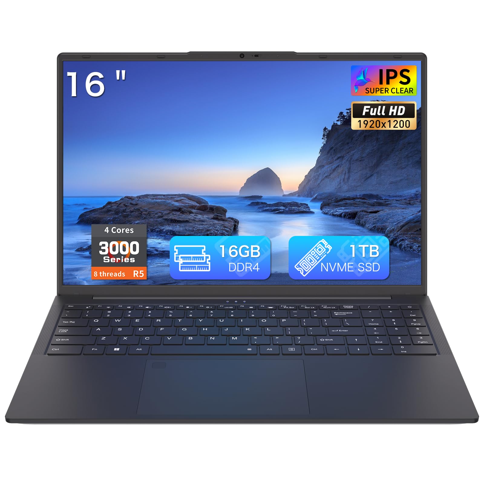 16 Inch Laptop 16GB RAM 1TB NVMe SSD Quad-Core Processor Up to 3.7GHz 1200P IPS Display USB-C Full Function Fingerprint Login Backlit Keyboard WiFi 6 Lightweight Black Laptop