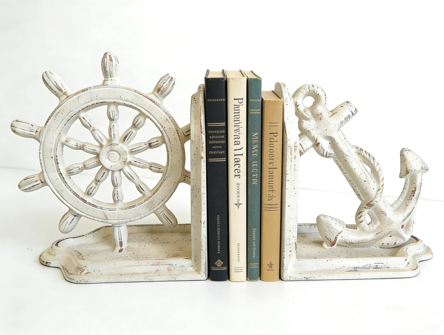 Anchor Bookends Decorative, Anchor and Nautical Ship Wheel Bookends Set,Heavy Duty Cast Iron Book Holder, Book Ends for Shelves Living Room Home Office, Antique Blue, 1 Pair/2Pieces (Antique White)