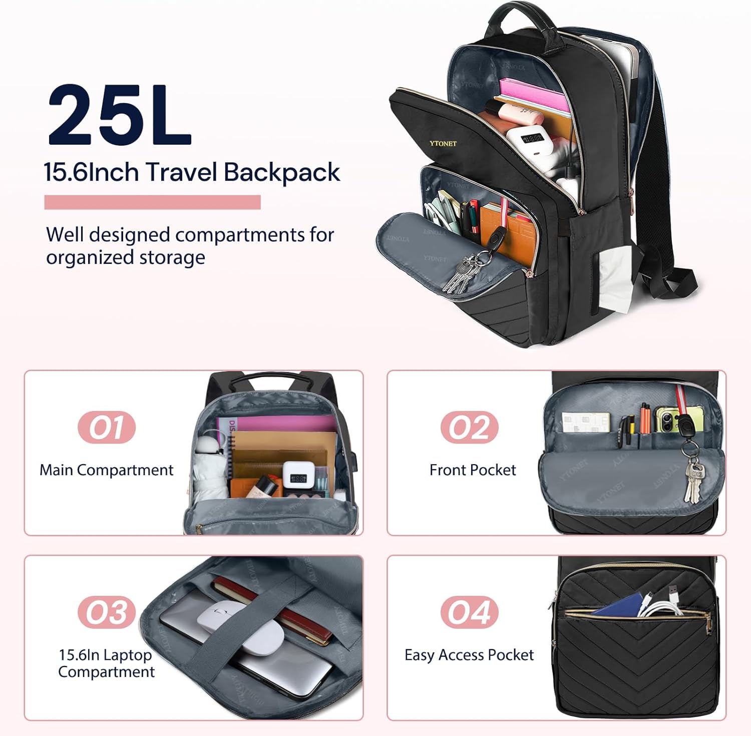 Ytonet Rolling Briefcase for Women, 2pcs Set 15.6 Inch Travel Backpack with 17.3 Inch Rolling Laptop Bag, Large Roller Laptop Briefcase with Wheels, Water Resistant Roller Teacher Bag for work, Black