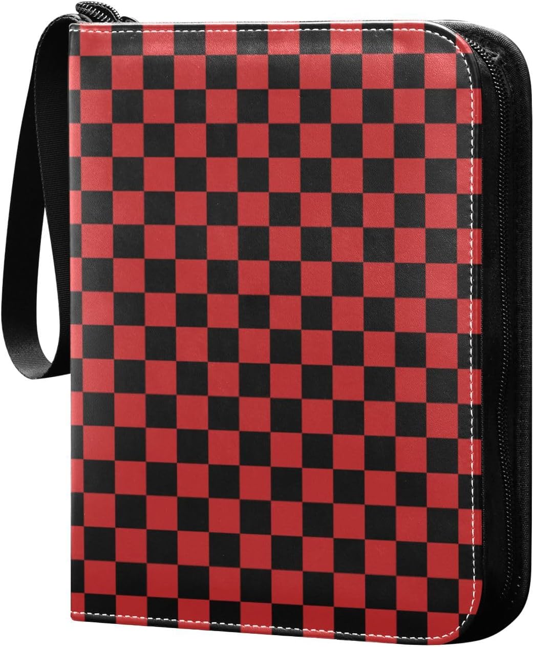 Red Black Checkerboard Cards Binder 4 Pocket Fits 400 Cards with 50 Removable Sleevesves, Trading Card Collector Zipper Album Holder Portable Card Games Display Storage Cases