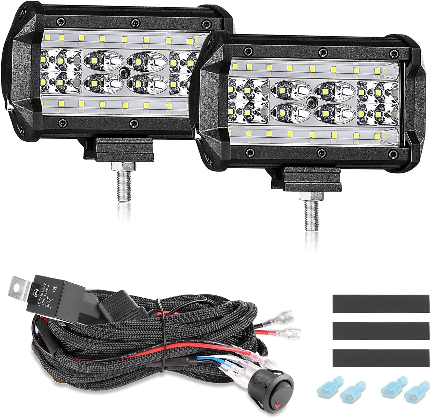 2Pcs 5'' 168W LED Pods Quad Row LED Cubes Light Spot Flood Combo Beam Off Road Driving Fog Light LED Work Light with Heavy Duty 12V 40A Rock Switch Nylon Wiring Harness Kit - 2 Lead