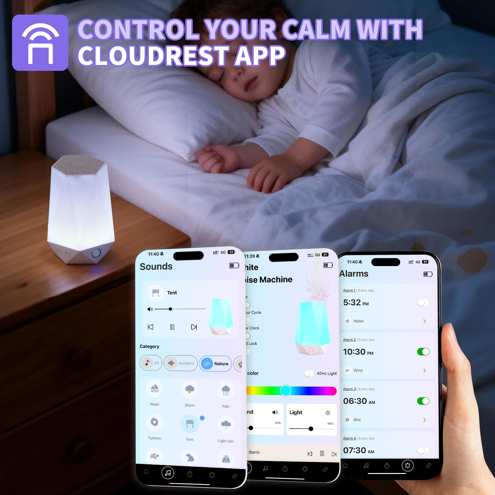 Smart White Noise Machine mit Nachtlicht, 32 entspannende Geräusche, APP-Steuerung & Timer - Schlaf-Soundmaschine für Baby und Erwachsene, ideal für Schlafzimmer & Geschenke