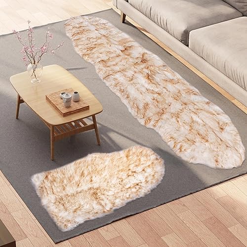 Alfombra de piel sintética de 2 x 6 pies + 2 x 3 pies, ultra suave y esponjosa, alfombra de área mullida para dormitorio, sofá, sala de estar, color