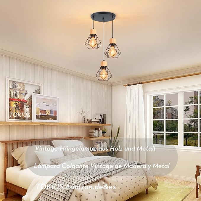 TOKIUS Vintage hanglamp met 3 lichtpunten, 16 cm, retro, kooi-design, zwart, hanglamp van hout, ijzer, E27, plafondverlichting voor slaapkamer, eetkamer, keuken (kroonluchter, 3 lampen A) photo 2