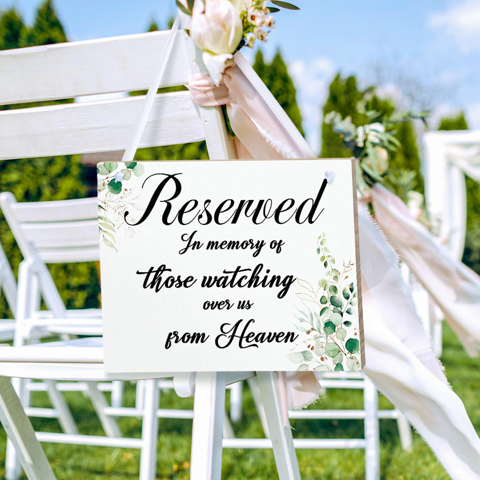 Wedding Reserved Sign In Memory Of Parents - "Watching Over Us From Heaven" Wood Sign With Ribbon - View #7