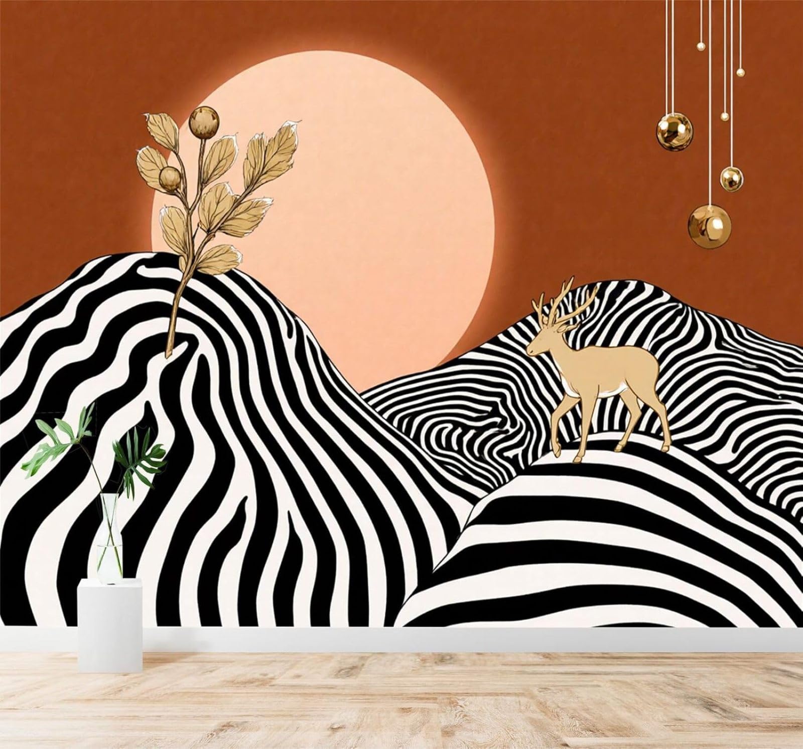 Xlming 150Cm×105Cm(B×H) Golden Deer Abstract Black And White Stripes Hills Sunset 3D Wallpaper Silky Texture Home Study Office Grey Dining Room Sofa Bedroom Living Room Tv Backdrop-150Cm×105Cm