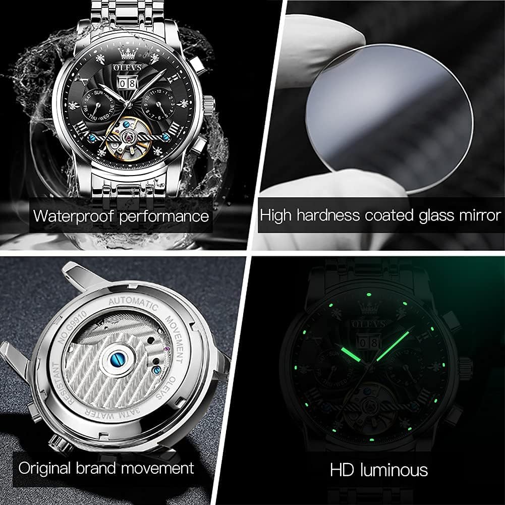 Miniatura 4 de OLEVS Relojes para hombre Reloj automático esqueleto plateado acero inoxidable mecánico Tourbillon automático diamante esfera negra impermeable lujo