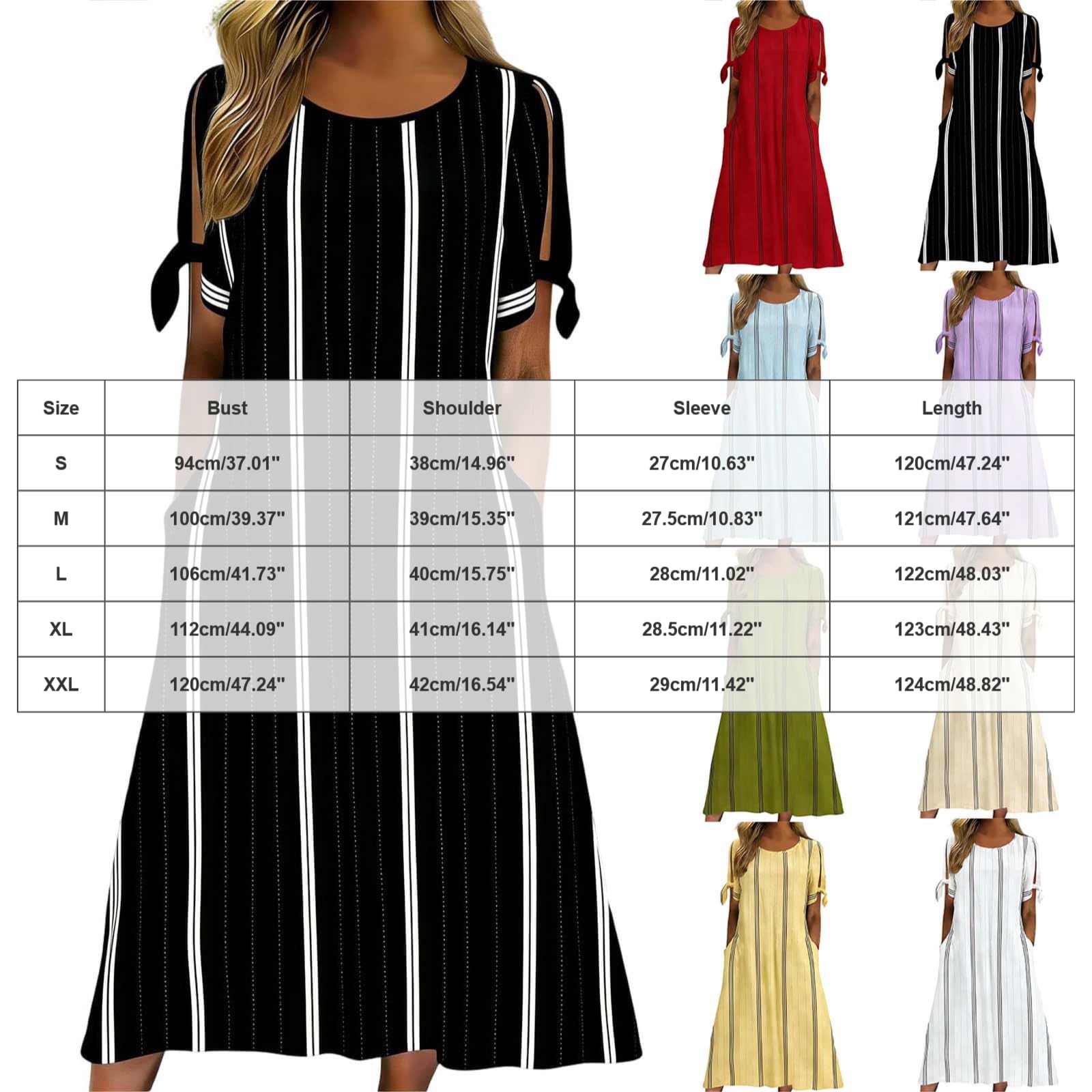 Summer Dress Abito Estivo da Donna, Lunghezza al Ginocchio, Stile Boho, Scollo Rotondo, Midi, con Tasche, Abito a Trapezio a Righe, Lunghezza al Ginocchio, Maniche Corte, Vestito Lungo Donna Elegante